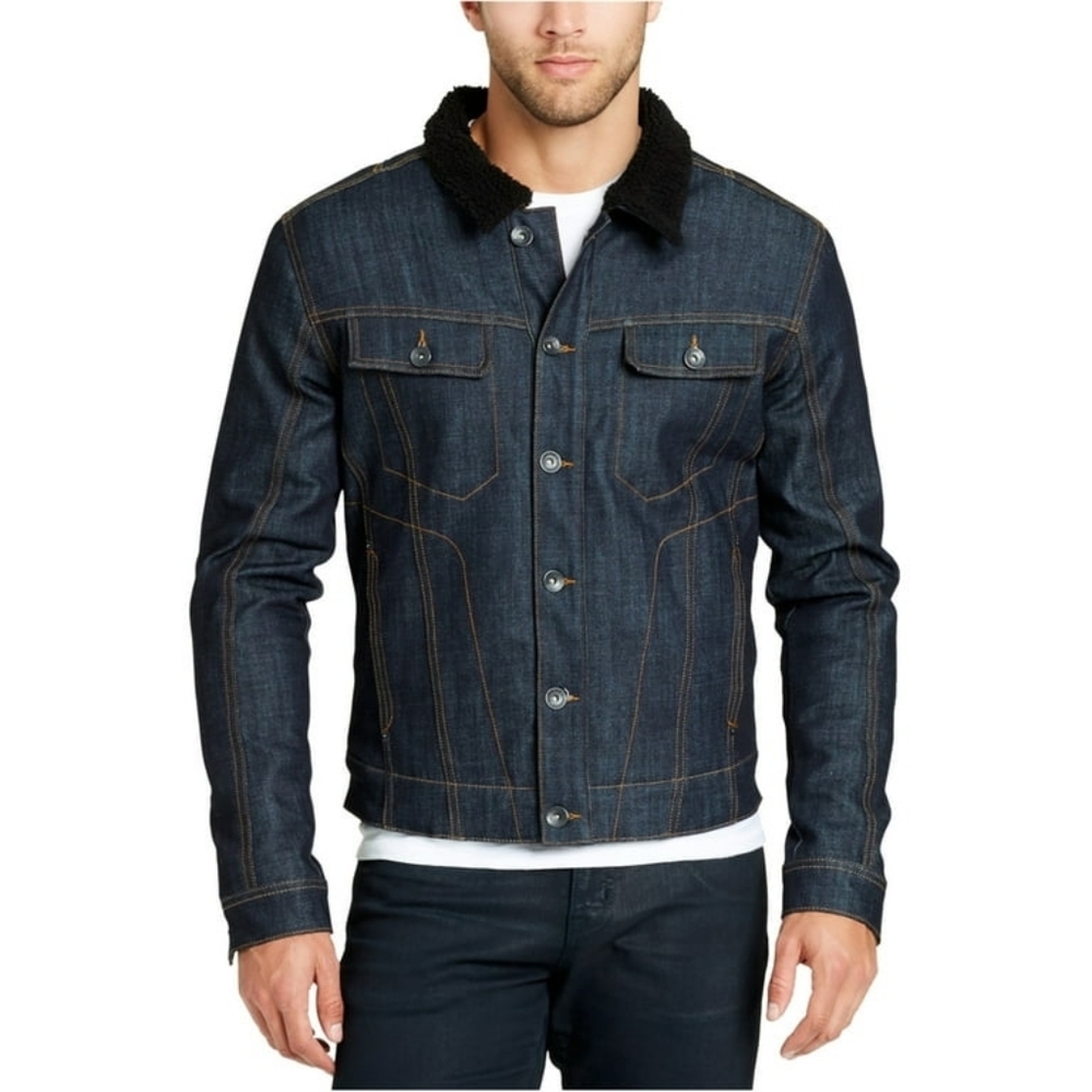 Men's William Rast Blue Black stretch denim jacket Large Sherpa Trucker